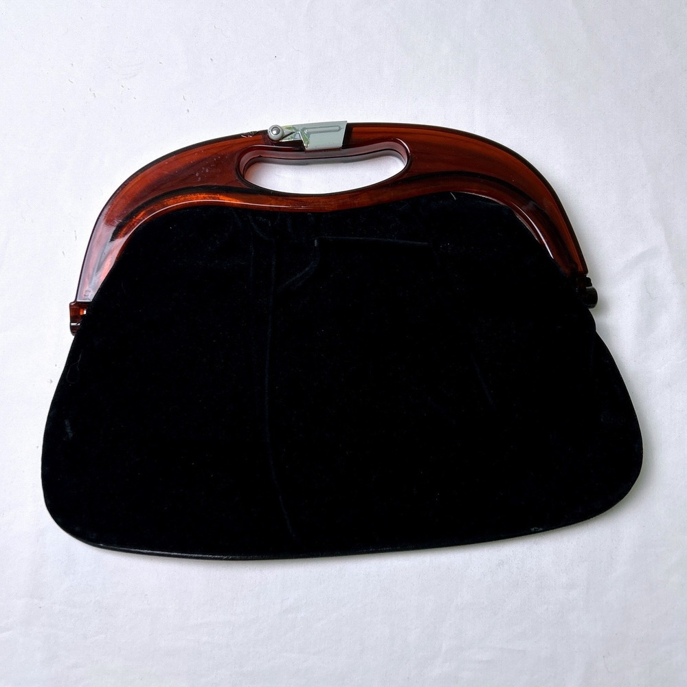 Vintage Womens Faux Tortoise Lucite Handle Velvet Evening Bag OS Black Amber
